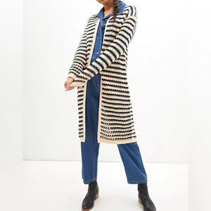 Anthropologie Cream and Black Striped Long Knit Cardigan